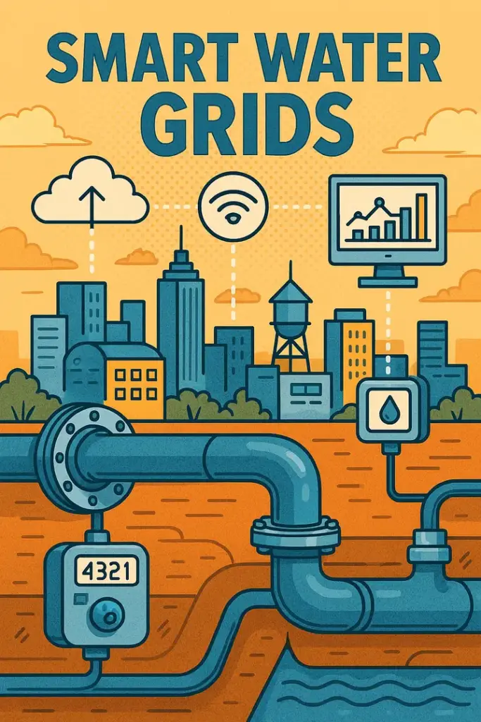 Smart Water Grids Intelligente Wassernetze – Deutschlands digitale Wasserzukunft. Illustration eines intelligenten Wassernetzes mit Stadtgebäuden, Wasserleitungen, digitalen Sensoren und Cloud-Technologie – Fokus auf Smart Water Grids in Deutschland.
