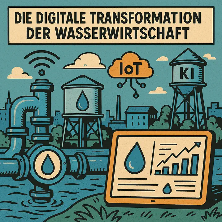 Illustration des Smart Water Managements mit IoT und KI, zeigt Rohrleitungen, Wassertanks und Datenanalyse zur digitalen Transformation der Wasserwirtschaft.